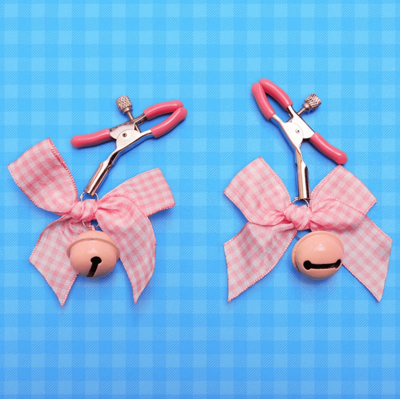 Pink Plaid Bow Nipple Clamps with Bells